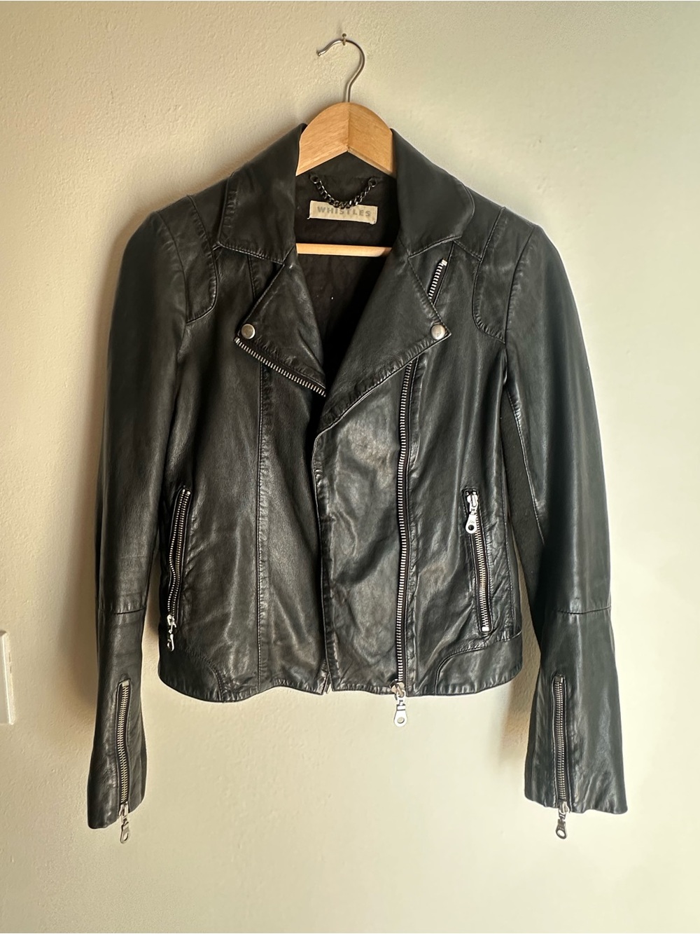 Whistles Black Leather Moto Jacket with Zip Details